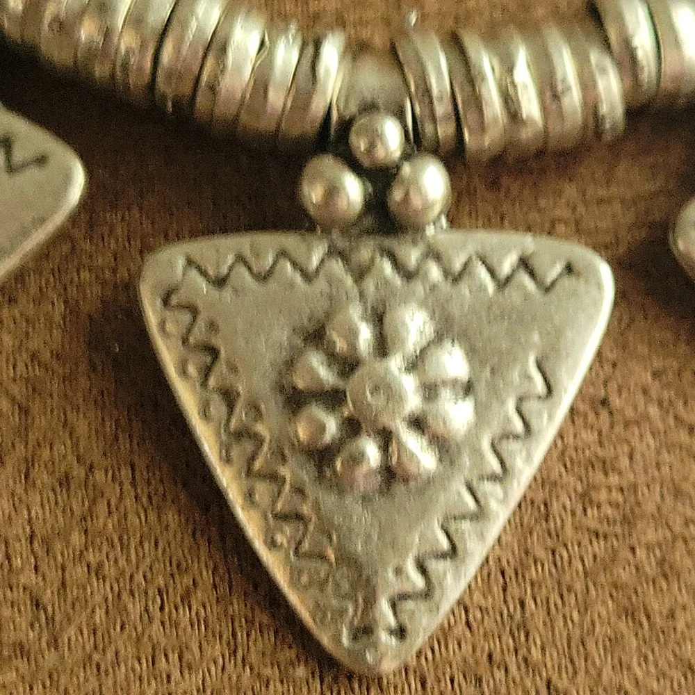 Silver Tone Tribal Triangle Charm Coin Choker Necklace Adjustable Size EthnoCore
